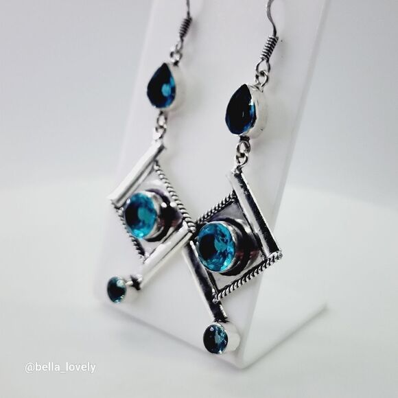 Unique Blue Topaz Handmade Drop Dangle Earrings Jewelry 2.95" - Picture 2 of 7